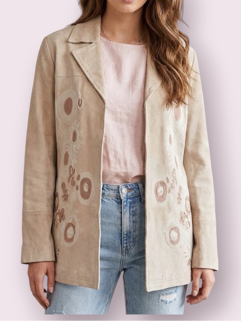 Me Jane Vintage Inspired Tan Suede Jacket Embroidered Western Boho Size Large